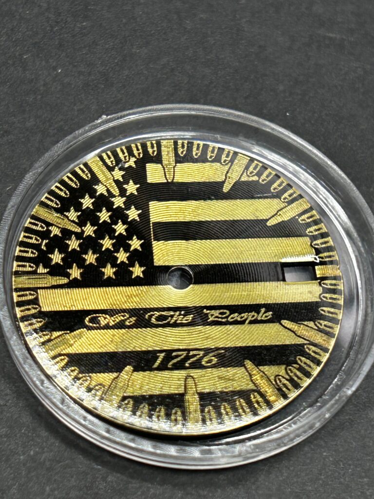 Hand made “we the people dial”. Laser engraved. Black/Gold